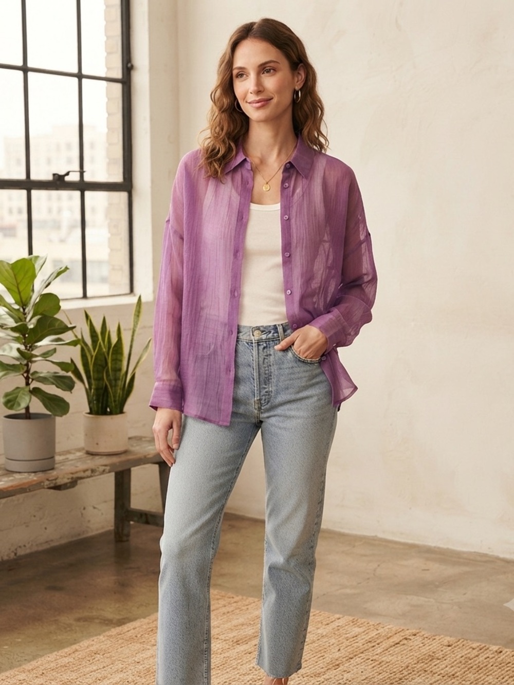 Eileen Fisher Women’s Size 1X Purple Sheer Button Front Blouse Lightweight